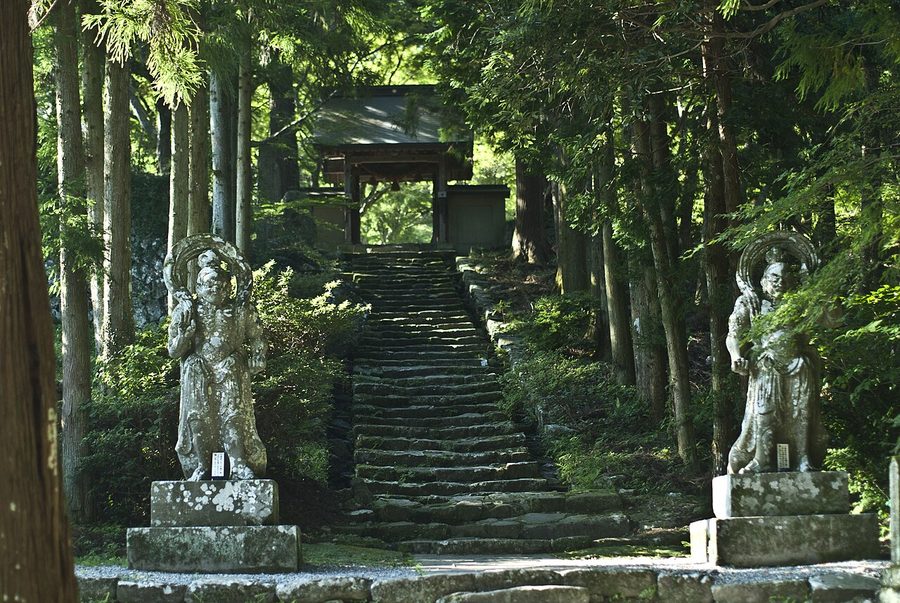 両子寺の石造仁王像と参道の石段