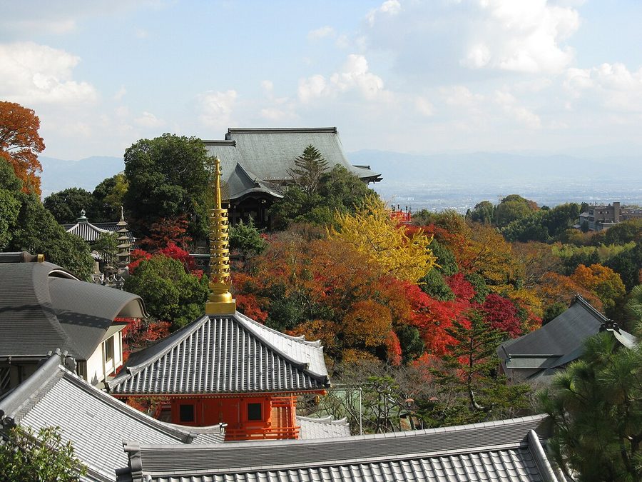 朝護孫子寺の伽藍を見下ろす紅葉の眺め