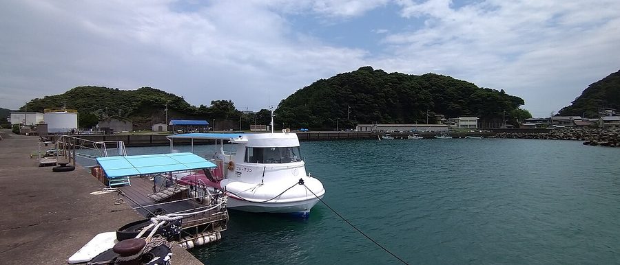 竹ヶ島港に係留された観光船「ブルーマリン」