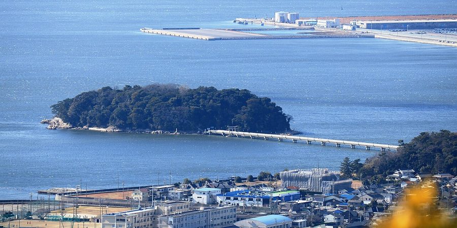 北東側の砥神山から望む竹島と竹島橋