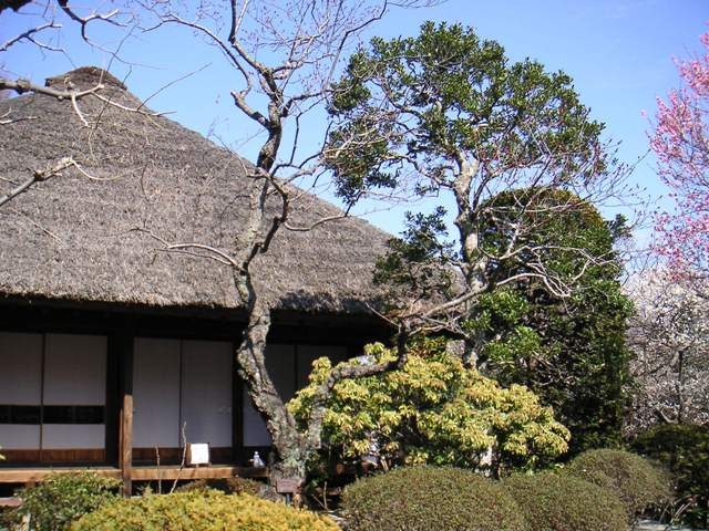 百草園の茅葺き屋根の建物と庭園