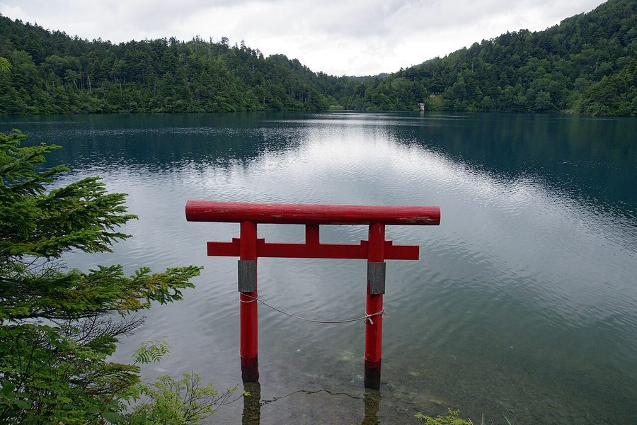 大沼池に立つ赤い鳥居