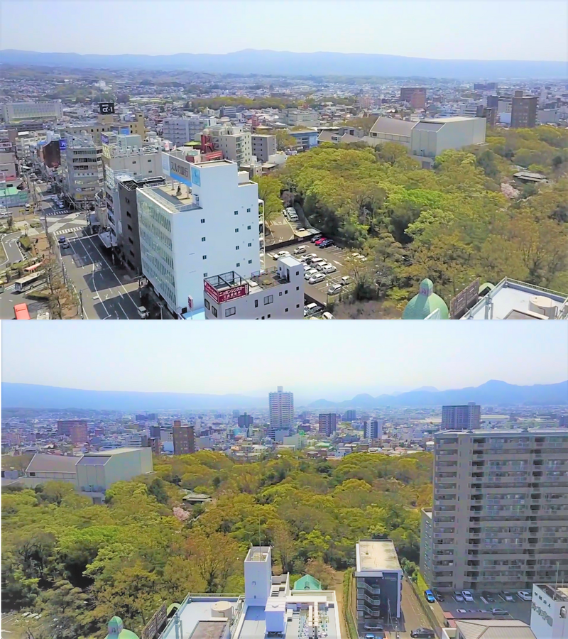 三島駅・三島広小路周辺の市街地を上空から見た写真