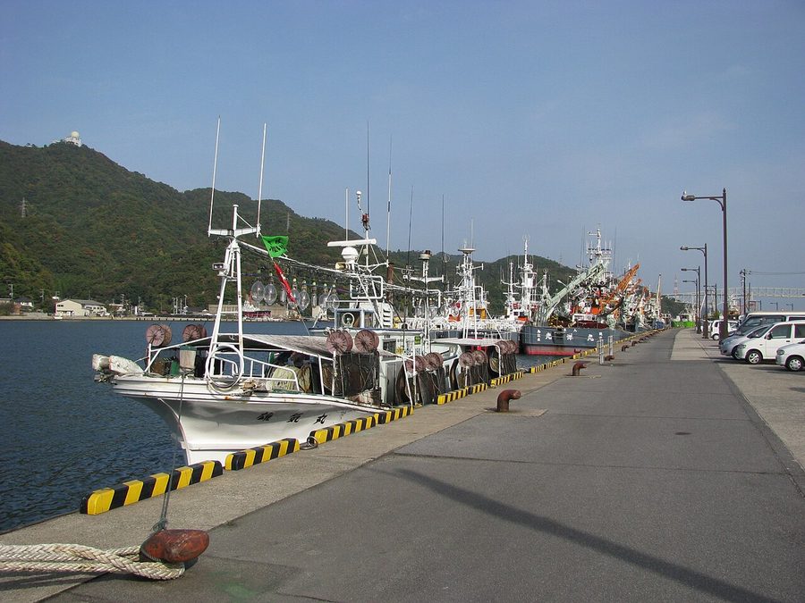 境港の岸壁に停泊する漁船群