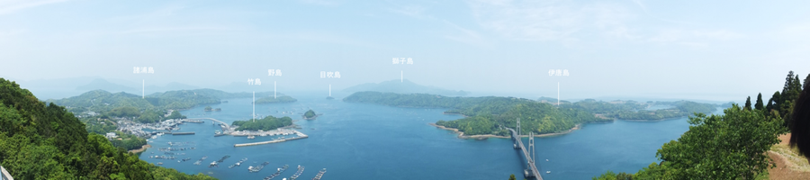 針尾公園から望む諸浦島、竹島、野島、目吹島、獅子島、伊唐島